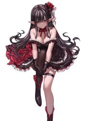 Rule 34 | 1girl, absurdres, bare shoulders, black hair, black pantyhose, boots, bow, breasts, cleavage, flower, frills, hair bow, hair flower, hair ornament, highres, large breasts, leon v, long hair, looking at viewer, medium breasts, original, pantyhose, pointy ears, red eyes, simple background, single leg pantyhose, sitting, solo, thigh strap, white background