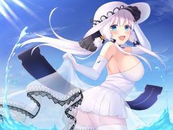 Rule 34 | 1girl, ass, azur lane, backless dress, backless outfit, bare shoulders, black ribbon, blue eyes, blue gemstone, blue sky, breasts, detached collar, dress, elbow gloves, flight deck, from side, garter straps, gem, gloves, hair ribbon, highres, huge breasts, illustrious (azur lane), itaba atsushi, lace, lace-trimmed dress, lace-trimmed headwear, lace trim, large breasts, long hair, looking to the side, open mouth, ribbon, see-through, sideboob, sky, sleeveless, sleeveless dress, smile, solo, strapless, strapless dress, thighhighs, tress ribbon, tri tails, water, white dress, white gloves, white hair, white headwear, white thighhighs