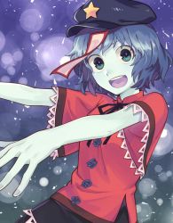 Rule 34 | 1girl, black hat, black skirt, blue hair, blue skin, colored skin, commentary, green eyes, hat, hat ornament, jiangshi, looking at viewer, miyako yoshika, outstretched arms, purple background, red shirt, shikido (khf), shirt, short hair, short sleeves, skirt, smile, solo, star (symbol), star hat ornament, symbol-only commentary, talisman, teeth, touhou, upper body, upper teeth only, zombie pose