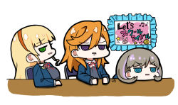 Rule 34 | 3girls, @ @, blonde hair, blue eyes, blue jacket, blunt bangs, brown hair, chibi, collared shirt, commentary, flipped hair, grimace, hair between eyes, head on table, head rest, heanna sumire, jacket, light brown hair, long hair, love live!, love live! superstar!!, multiple girls, on chair, oofushi ao, open clothes, open jacket, open mouth, orange hair, profile, purple eyes, rectangular mouth, school uniform, shibuya kanon, shirt, sign, signature, simple background, sitting, sitting sideways, string tie, table, tang keke, white background, winter uniform, yuigaoka school uniform