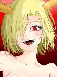 Rule 34 | 1girl, blonde hair, collarbone, commentary request, dragon horns, gesugao, gradient background, hair over one eye, horns, kicchou yachie, kwisshy, looking at viewer, open mouth, pointy ears, red background, red eyes, short hair, solo, teeth, touhou, upper body