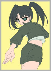 Rule 34 | 00s, 1girl, amasawa yuuko, ass, black hair, border, dennou coil, foreshortening, from behind, green eyes, kouki kuu, long sleeves, looking at viewer, looking back, lowres, outstretched arm, simple background, solo, twintails, yellow background