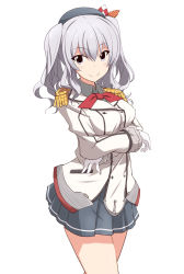 Rule 34 | 1girl, beret, black hat, black skirt, breasts, buttons, collared shirt, cowboy shot, epaulettes, gloves, grey eyes, grey shirt, hat, highres, jacket, kantai collection, kashima (kancolle), kugui kiyunemu, large breasts, long sleeves, looking at viewer, military jacket, miniskirt, neckerchief, pleated skirt, red neckerchief, shirt, silver hair, simple background, skirt, smile, solo, tsurime, twintails, wavy hair, white background, white gloves, white jacket