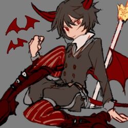 Rule 34 | 1girl, androgynous, bat (animal), black hair, boots, closed mouth, coat, demon girl, demon horns, demon wings, full body, funamusea, grey background, grey coat, horns, long sleeves, oounabara to wadanohara, radishcarbon, red eyes, red footwear, red thighhighs, shirt, short hair, sketch, solo, striped clothes, striped thighhighs, thighhighs, ver million (funamusea), white shirt, wings