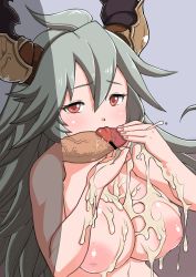 Rule 34 | 10s, 1girl, absurdres, ahoge, bar censor, blush, breasts, censored, cum, cum on body, cum on breasts, cum on upper body, draph, ejaculation, eo masaka, eyebrows, fellatio, granblue fantasy, grey hair, hair between eyes, highres, horns, inverted nipples, large breasts, licking, licking penis, long hair, nipples, nude, oral, penis, pointless censoring, puffy nipples, red eyes, solo focus, threo (granblue fantasy), tongue, tongue out, veins, veiny penis