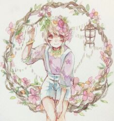 Rule 34 | 1girl, blonde hair, blush, bracelet, brown eyes, closed mouth, floral print, flower, hair flower, hair ornament, hand up, jewelry, lantern, leaf, looking at viewer, original, overall shorts, overalls, pink flower, purple shirt, shirt, short hair, short sleeves, shorts, sitting, smile, solo, srnmomo, suspenders, traditional media, white shorts, wreath