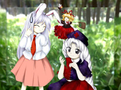 Rule 34 | 3girls, :d, ^ ^, animal ears, arm behind back, back bow, basket, black shirt, blonde hair, blue hat, bow, closed eyes, closed mouth, commentary request, constellation print, cross, flower, grey eyes, hair ribbon, hand up, hands up, hat, holding, holding basket, lily of the valley, long hair, medicine melancholy, medinki, multiple girls, necktie, nurse cap, open mouth, outstretched arms, pink skirt, purple hair, rabbit ears, rabbit girl, red cross, red necktie, red ribbon, red skirt, reisen udongein inaba, ribbon, shirt, short sleeves, skirt, smile, spread arms, su-san, sweatdrop, teeth, touhou, upper teeth only, white bow, white flower, white hair, white shirt, yagokoro eirin, zun (style)