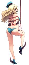 Rule 34 | 1girl, absurdres, arms behind back, ass, atago (kancolle), back, bare back, bare legs, bare shoulders, bdsm, bikini, black blindfold, black gloves, blindfold, blonde hair, blue bikini, blue footwear, blue hat, blush, bondage, bound, bound arms, bound legs, breasts, bright pupils, covered eyes, dimples of venus, from behind, full body, gag, gagged, gloves, hat, high heels, highres, kaddo, kantai collection, leg up, long hair, looking at viewer, looking back, medium breasts, sailor hat, shibari, signature, simple background, skindentation, solo, standing, standing on one leg, sweat, swimsuit, underboob, white background