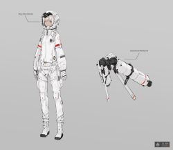 Rule 34 | 1girl, astronaut, boots, brown eyes, chart, closed mouth, english text, full body, gloves, grey background, helmet, jetpack, looking at viewer, neco, sidelocks, simple background, solo, space helmet, spacesuit, standing, white gloves, white hair