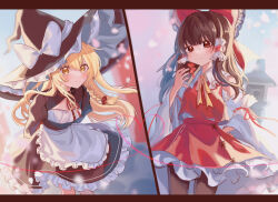Rule 34 | 2girls, apron, arms behind back, black dress, black headwear, black pantyhose, blonde hair, bow, braid, brown hair, closed mouth, commentary request, cowboy shot, dress, expressionless, feet out of frame, frilled apron, frilled skirt, frills, gift, hair bow, hakurei reimu, hand on own hip, hat, hat bow, heart, heart of string, highres, holding, holding gift, juliet sleeves, kirisame marisa, long hair, long sleeves, looking at viewer, multiple girls, neck ribbon, pantyhose, puffy sleeves, red bow, red eyes, red ribbon, red skirt, red vest, ribbon, single braid, skirt, smile, split mouth, split screen, touhou, vest, white apron, white bow, witch hat, yellow eyes, yomogi 9392