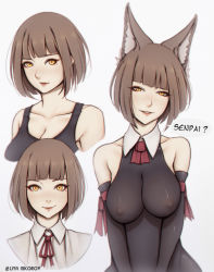 Rule 34 | 1girl, absurdres, animal ears, arm ribbon, artist name, bare shoulders, black dress, black gloves, blunt bangs, breasts, brown hair, character sheet, cleavage, collarbone, covered erect nipples, dress, elbow gloves, face, fox ears, gloves, head tilt, highres, huge filesize, large breasts, liya nikorov, mole, mole under eye, multiple views, original, parted lips, red ribbon, ribbon, seductive smile, short hair, smile, tank top, v arms, yellow eyes