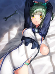 Rule 34 | 1girl, ainu clothes, arms up, blush, bow, breast padding, bright pupils, chain, clothes writing, colored eyelashes, commentary request, cosplay, day, from above, green hair, green panties, hair bow, indoors, kamoi (kancolle), kamoi (kancolle) (cosplay), kantai collection, long sleeves, looking at viewer, panties, parted lips, pelvic curtain, ponytail, skindentation, solo, tabard, underwear, unowen, wrench, yellow eyes, yuubari (kancolle)