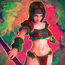 Rule 34 | 1girl, breasts, large breasts, midriff, namco, navel, pelvic curtain, revealing clothes, seong mi-na, soul calibur, soulcalibur, soulcalibur iii, staff, underboob, weapon