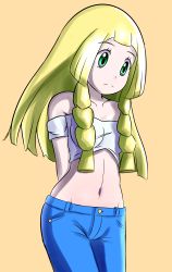 Rule 34 | 1girl, alternate costume, arms behind back, artist name, artist request, bare shoulders, blonde hair, blue pants, braid, breasts, closed mouth, collarbone, cowboy shot, creatures (company), crop top, denim, expressionless, female focus, game freak, green eyes, highres, jeans, lillie (pokemon), long hair, midriff, navel, nintendo, off shoulder, orange background, pale skin, pants, pokemon, pokemon sm, shirt, signature, simple background, small breasts, solo, source request, standing, twin braids, white shirt