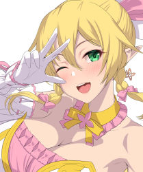 Rule 34 | 1girl, :d, bare shoulders, blonde hair, blush, braid, breasts, choker, cleavage, collarbone, elbow gloves, elf, eyebrows, eyelashes, fairy, frills, gloves, green eyes, highres, kawase seiki, large breasts, leafa, lips, long ears, looking at viewer, magical girl, makeup, mascara, medium hair, open mouth, pink choker, pink lips, pink ribbon, pointy ears, ribbon, selfie, smile, solo, sword art online, teeth, tongue, twin braids, upper body, white gloves, yellow choker