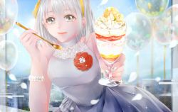 Rule 34 | ayakami, bad id, bad pixiv id, bare shoulders, blurry, blurry background, bracelet, bubble, dessert, dress, flower, food, grey eyes, hairband, jewelry, licking lips, looking at viewer, original, parfait, silver dress, silver hair, silver nails, solo, spoon, tongue, tongue out
