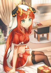 Rule 34 | 1girl, absurdres, alternate costume, aqua eyes, arm ribbon, bed, black thighhighs, bow, box, breasts, chair, christmas, closed mouth, crop top, curtains, feet out of frame, from side, genshin impact, gift, gift box, highres, horns, indoors, lace, lace-trimmed legwear, lace trim, long hair, looking at viewer, low twintails, namoho82, navel, nilou (genshin impact), on bed, parted bangs, pom pom (clothes), red bow, red ribbon, red shirt, red skirt, ribbon, santa costume, shirt, short sleeves, sidelocks, sitting, skirt, small breasts, smile, solo, stomach, table, thighhighs, thighs, twintails, veil, very long hair, white headwear, zettai ryouiki