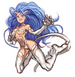 Rule 34 | 1girl, :d, animal ears, animal hands, big hair, blue hair, breasts, cat ears, cat tail, choker, claws, fang, felicia (vampire), full body, fur, jumping, long hair, looking at viewer, open mouth, smile, solo, tail, vampire (game), very long hair, white background, yohane shimizu