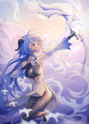 Rule 34 | 1girl, absurdres, aiming, armpits, arrow (projectile), bell, black bodysuit, black gloves, blue hair, bodysuit, bow (weapon), commentary, detached sleeves, english commentary, fighting stance, ganyu (genshin impact), genshin impact, gloves, goat horns, hair between eyes, highres, holding, holding bow (weapon), holding weapon, horns, long hair, long sleeves, looking up, low ponytail, neck bell, purple eyes, sidelocks, solo, standing, standing on one leg, vision (genshin impact), weapon, zx961219