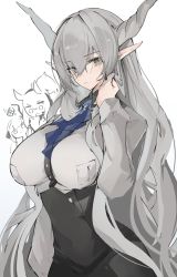 Rule 34 | 3girls, alternate costume, arknights, ascot, black skirt, blue ascot, breasts, closed mouth, collared shirt, commentary, cowboy shot, demon horns, earpiece, grey eyes, grey shirt, hair between eyes, hand in own hair, head tilt, high-waist skirt, highres, holding, holding own hair, holding staff, horns, large breasts, long hair, long sleeves, looking at viewer, matching hair/eyes, mikozin, multiple girls, nearl (arknights), nightingale (arknights), pointy ears, shining (arknights), shirt, silver hair, simple background, skirt, solo focus, staff, very long hair, white background