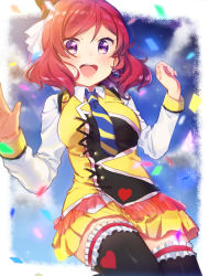 Rule 34 | 10s, 1girl, :d, black thighhighs, earrings, hat, heart, highres, jewelry, looking at viewer, love live!, love live! school idol project, mofun, nishikino maki, open mouth, purple eyes, red hair, smile, solo, spade (shape), spade earrings, sunny day song, thighhighs