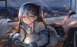 Rule 34 | 1girl, absurdly long hair, aris (blue archive), bag, black hair, black hairband, blue archive, blue eyes, blue necktie, building, city, cityscape, hairband, handheld game console, highres, holding, holding handheld game console, jacket, long hair, looking at viewer, lying, necktie, night, night sky, off shoulder, on stomach, one side up, pillow, playing games, rono (vhpt2284), school uniform, shirt, sky, skyscraper, smile, solo, very long hair, white shirt
