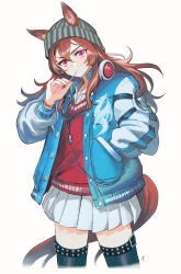 Rule 34 | 1girl, animal ears, beanie, blue jacket, blush, brown hair, cable, candy, cowboy shot, ears through headwear, food, hand in pocket, hat, headphones, highres, horse ears, horse girl, horse tail, jacket, lollipop, long hair, long sleeves, looking at viewer, miniskirt, mouth hold, nakayama festa (umamusume), open clothes, open jacket, pleated skirt, purple eyes, rosette (roze-ko), shirt, simple background, skirt, solo, sweater vest, tail, thighhighs, umamusume, white background, white shirt, white skirt, zettai ryouiki
