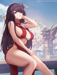 Rule 34 | 1girl, aztodio, bare shoulders, beidou (genshin impact), blush, breasts, brown hair, china dress, chinese clothes, clothing cutout, colored eyepatch, dress, duplicate, eyepatch, genshin impact, hair ornament, hair over one eye, hair stick, hairpin, half updo, large breasts, long hair, looking at viewer, parted lips, patreon username, pelvic curtain, pixel-perfect duplicate, red eyes, side slit, sitting, solo, thighs