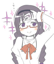 Rule 34 | 10s, 1girl, :&gt;, akemi homura, black hair, braid, glasses, hairband, hand on forehead, jewelry, mahou shoujo madoka magica, mahou shoujo madoka magica: hangyaku no monogatari, pikachi, purple eyes, ring, smile, solo, twin braids, yasuio