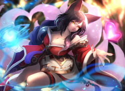 Rule 34 | 1girl, abstract background, absurdres, ahri (league of legends), animal ears, black hair, blowing kiss, boots, breasts, brown dress, cleavage, collarbone, commentary, cowboy shot, dress, dutch angle, energy ball, english commentary, facial mark, fox ears, fox girl, fox tail, glowing, glowing eyes, heart, highres, kitsune, large breasts, league of legends, long hair, long sleeves, looking at viewer, multicolored clothes, multicolored dress, multiple tails, off-shoulder dress, off shoulder, ohako (ohako1818), orange eyes, parted lips, red dress, red footwear, red nails, solo, tail, white dress, wide sleeves