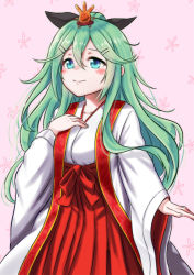 Rule 34 | 10s, 1girl, blue eyes, blush, commentary request, floral background, green hair, hair between eyes, hair ornament, hairclip, japanese clothes, kantai collection, long hair, miko, mizunashi hayate, pink background, smile, solo, yamakaze (kancolle)