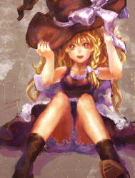 Rule 34 | 1girl, bare shoulders, blonde hair, boots, bow, braid, female focus, flyleaf, hat, hat bow, kirisame marisa, side braid, signature, sitting, solo, touhou, witch hat