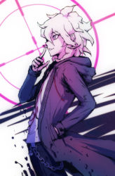 Rule 34 | 1boy, absurdres, brown coat, chain, coat, commentary, cowboy shot, danganronpa (series), danganronpa 2: goodbye despair, datcravat, english commentary, from side, hand in pocket, hand up, highres, hood, hood down, index finger raised, komaeda nagito, long sleeves, male focus, messy hair, open clothes, open coat, pants, print shirt, profile, shirt, skull ornament, smile, solo, teeth, white hair
