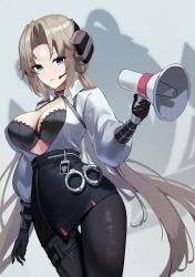 Rule 34 | 1girl, absurdres, azur lane, belt, black bra, black choker, black gloves, black pantyhose, black skirt, blonde hair, blue background, blue eyes, bra, breasts, choker, cleavage, collared shirt, commentary, cowboy shot, cuffs, dutch angle, elbow gloves, floating hair, gloves, handcuffs, headphones, high-waist skirt, highres, holding, holding megaphone, kronshtadt (azur lane), kronshtadt (begin the rush!) (azur lane), large breasts, long hair, long sleeves, looking at viewer, low twintails, maanu, megaphone, northern parliament (emblem), official alternate costume, pantyhose, parted bangs, parted lips, pencil skirt, shirt, sidelocks, simple background, skindentation, skirt, solo, standing, thigh strap, twintails, unbuttoned, unbuttoned shirt, underwear, very long hair, white shirt