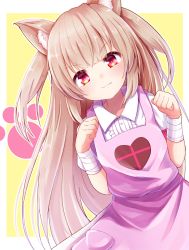 Rule 34 | &gt;:), 1girl, animal ear fluff, animal ears, apron, bandaged arm, bandages, baram, brown hair, center frills, clip studio paint (medium), closed mouth, collared shirt, commentary request, frills, hands up, heart, highres, kemonomimi mode, leaning to the side, long hair, natori sana, paw pose, pink apron, red eyes, sana channel, shirt, smile, solo, two-tone background, two side up, v-shaped eyebrows, very long hair, virtual youtuber, white background, white shirt, yellow background