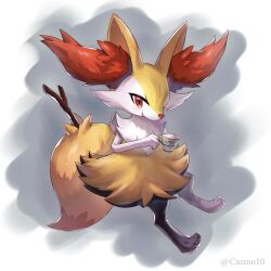 Rule 34 | 1other, animal ear fluff, braixen, cazmo, commentary request, creatures (company), cup, full body, furry, game freak, gen 6 pokemon, happy, highres, holding, holding cup, nintendo, open mouth, pokemon, pokemon (creature), red eyes, smile, solo, stick, teacup, twitter username, watermark, white fur