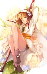 Rule 34 | 1girl, breasts, brown hair, choker, flower, green eyes, hairband, highres, jacket, leia rolando, open mouth, ribbon, rose, shoes, short hair, shorts, staff, tales of (series), tales of xillia, weapon