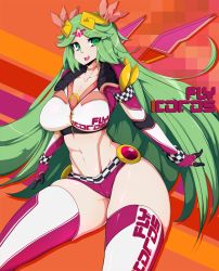 Rule 34 | 1girl, alternate costume, bad id, bad tumblr id, breasts, choker, clothes writing, cowboy shot, cropped jacket, crossover, elbow gloves, female focus, gloves, green eyes, green hair, hairpods, highres, kid icarus, kid icarus uprising, large breasts, long hair, matching hair/eyes, midriff, name connection, navel, nintendo, palutena, parted bangs, race queen, short shorts, shorts, skindentation, slugbox, solo, stomach, super smash bros., thick thighs, thighhighs, thighs, tiara, very long hair, wide hips, wipeout