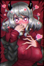 1girl absurdres alternate_hair_color blush breasts chromatic_aberration demon_girl demon_horns grey_hair hand_on_own_chest heart heart-shaped_pupils helltaker highres horns large_breasts long_sleeves looking_at_viewer modeus_(helltaker) red_eyes red_sweater ribbed_sweater short_hair solo sweater symbol-shaped_pupils takefu_jiin turtleneck turtleneck_sweater upper_body