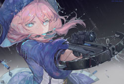 Rule 34 | 1girl, arknights, bingansuan jiamouren, black background, blue eyes, blue jacket, blue poison (arknights), bow (weapon), crossbow, dart, gradient background, holding, holding weapon, hood, hooded jacket, image sample, jacket, long hair, looking at viewer, mihuashi sample, pink hair, rain, short twintails, solo, twintails, upper body, water, weapon