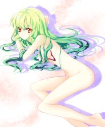 Rule 34 | 00s, 1girl, bad id, bad pixiv id, c.c., code geass, completely nude, female focus, gradient background, gradient hair, green hair, long hair, multicolored hair, nude, orange eyes, riichu, solo, tattoo, white background