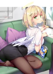 Rule 34 | 1girl, absurdres, angel wings, artist name, bag of chips, black skirt, blonde hair, blurry, blurry background, brown pantyhose, chips (food), commentary, couch, dated, depth of field, eating, food, food in mouth, green eyes, green nails, hair ornament, hairclip, halo, highres, holding, holding food, hong (white spider), indoors, letterboxed, looking at viewer, mouth hold, nail polish, no shoes, on couch, original, pantyhose, pillow, pointy ears, shirt, short hair, short sleeves, signature, skirt, solo, white shirt, white wings, wings