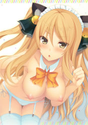 Rule 34 | 1girl, :o, animal ears, ao no kanata no four rhythm, aotsu karin, bad id, bad pixiv id, bell, blonde hair, blush, breasts, cat ears, collarbone, detached collar, garter straps, hair bell, hair ornament, hand up, hanging breasts, index finger raised, jingle bell, large breasts, leaning forward, long hair, looking at viewer, maid headdress, nipples, panties, puffy nipples, solo, thighhighs, tsurime, two side up, underwear, white panties, white thighhighs, yellow eyes