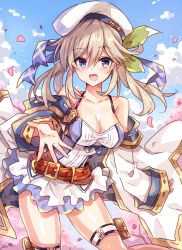 Rule 34 | 1girl, bad id, bad pixiv id, belt, beret, blue eyes, blue sky, breasts, cleavage, commentary request, cucouroux (granblue fantasy), detached sleeves, dress, gold trim, granblue fantasy, hat, hi (pontolfo), jacket, light brown hair, long hair, looking at viewer, loose belt, medium breasts, overskirt, petals, skirt, sky, solo, tree, twintails