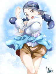 Rule 34 | 1girl, arm up, black hair, braid, breasts, brown eyes, candice (pokemon), clenched hand, clothes around waist, creatures (company), game freak, gym leader, hairband, highres, large breasts, long hair, multi-tied hair, nintendo, open mouth, pokemon, pokemon dppt, shirt, skirt, smile, solo, sweater, sweater around waist, toru k, twin braids, twintails