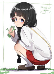 Rule 34 | 1girl, aged down, black hair, blue eyes, blush, braid, braided ponytail, brown footwear, closed mouth, clover, from behind, full body, hair ornament, hair over shoulder, hairclip, highres, holding, holding plant, isshiki (ffmania7), kneehighs, loafers, long hair, long sleeves, looking at viewer, looking back, nijisanji, plant, pleated skirt, red skirt, shirt, shoes, shoulder strap, signature, skirt, slav squatting, socks, solo, squatting, tsukino mito, virtual youtuber, white background, white shirt, white socks