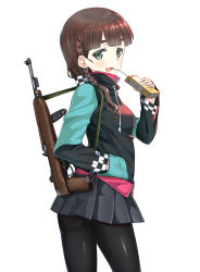 Rule 34 | 1girl, a9b (louis814), absurdres, black hair, black pantyhose, black skirt, blunt bangs, braid, drinking straw, fang, green eyes, gun, hand in pocket, highres, holding, looking at viewer, looking back, m1 carbine, miniskirt, open mouth, original, pantyhose, pleated skirt, rifle, shiny skin, short hair, skirt, solo, sweater, thick eyebrows, weapon