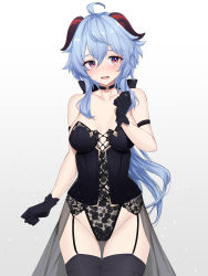 Rule 34 | 1girl, absurdres, arm strap, bare shoulders, black choker, black gloves, black thighhighs, blue hair, breasts, choker, corset, cowboy shot, feint721, ganyu (genshin impact), garter straps, genshin impact, gloves, goat horns, highres, horns, lingerie, long hair, looking at viewer, medium breasts, nightgown, open mouth, red eyes, revision, see-through, solo, thighhighs, thighs, underwear, underwear only