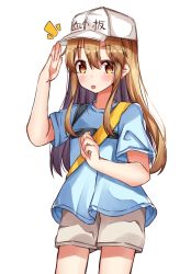 Rule 34 | 10s, 1girl, :o, absurdres, arm up, bag, blue shirt, blush, brown eyes, brown hair, character name, clothes writing, commentary request, cowboy shot, fingernails, flat cap, grey shorts, hair between eyes, hand up, hat, hataraku saibou, highres, long hair, norazura, notice lines, parted lips, platelet (hataraku saibou), salute, shirt, short shorts, short sleeves, shorts, shoulder bag, simple background, solo, very long hair, white background, white hat