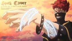 Rule 34 | 1boy, artist request, black clover, black clover: sword of the wizard king, body markings, cloud, cloudy sky, copyright name, countdown, foreshortening, glowing tattoo, language request, magic, male focus, mask, mouth mask, official art, official style, orange sky, outstretched arm, perspective, red hair, sharp teeth, short hair, sky, solo, spiked hair, teeth, thick eyebrows, upper body, zora ideale